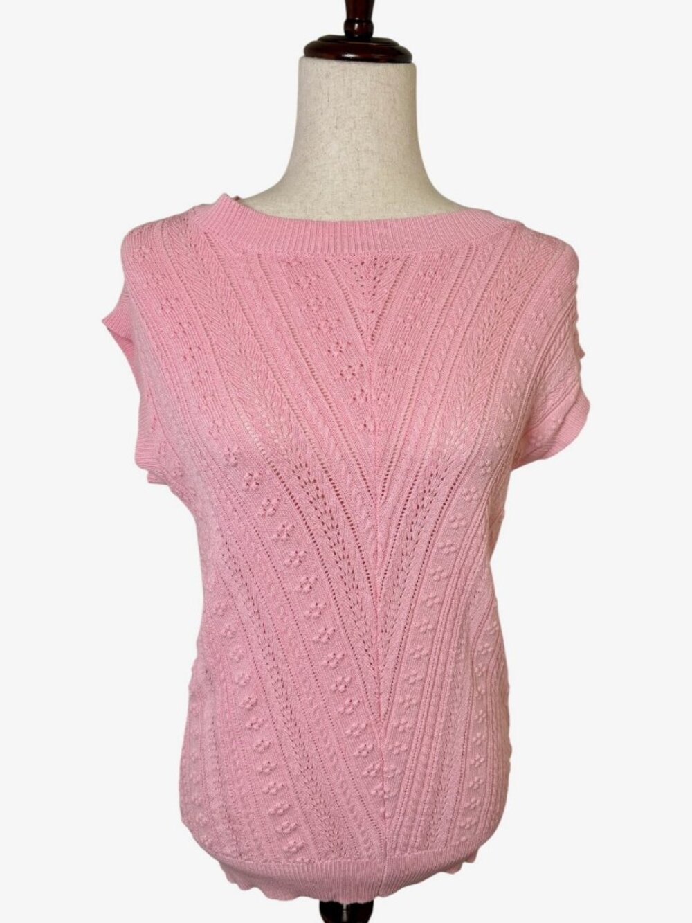 Pink Pointelle Cable Knit Cap Sleeve Sweater Top Size Medium